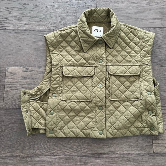 WOMENS  ZARA QUILTED GREEN ARMY VEST JACKET SZ SMALL - Picture 7 of 10